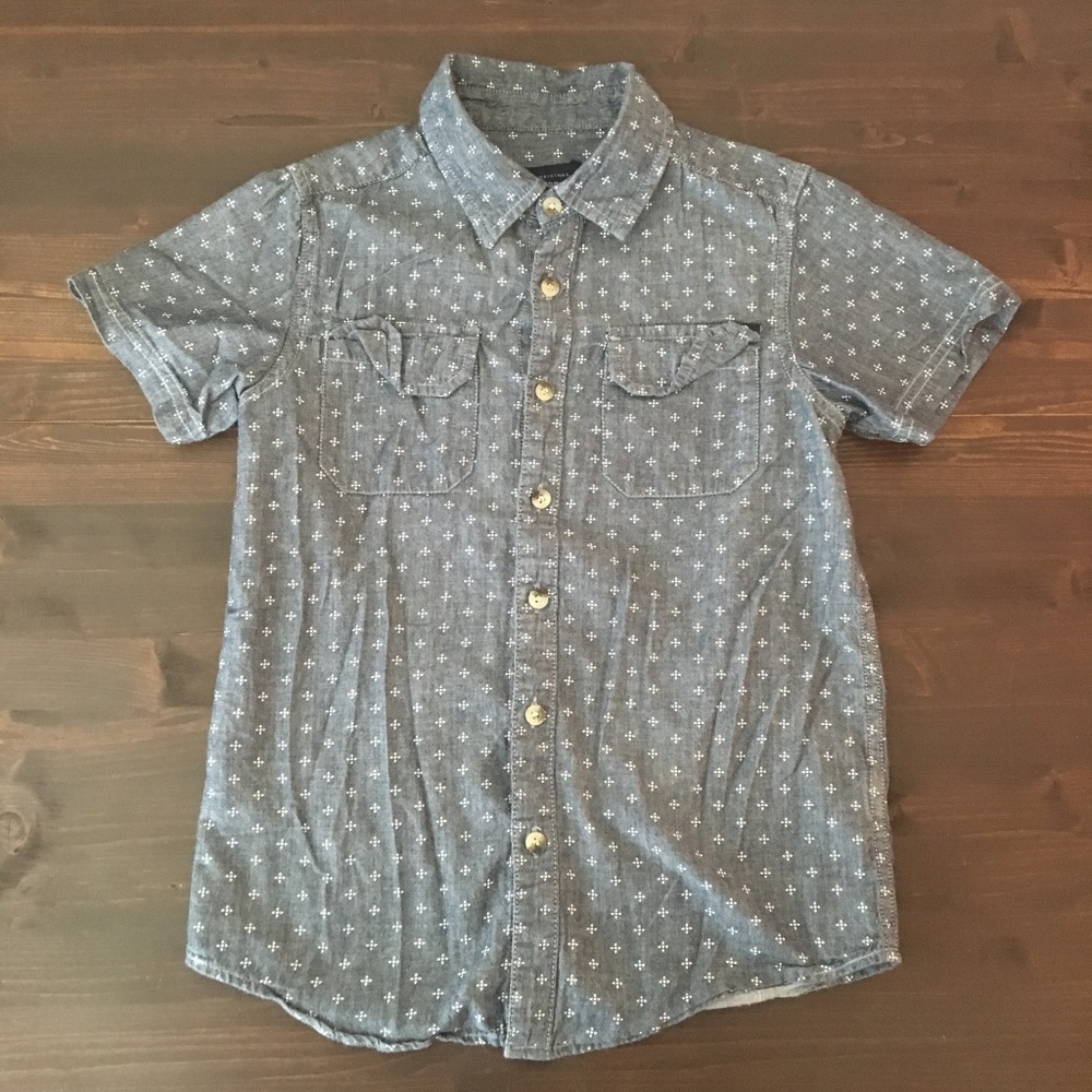 Lucky Brand Boys Blue Chambray Printed Button Up S